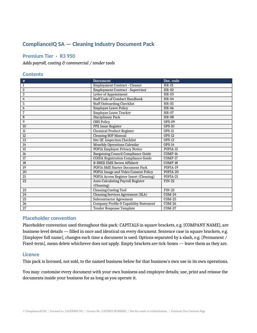 Contents and licence page from the ComplianceIQ SA Cleaning Premium document pack