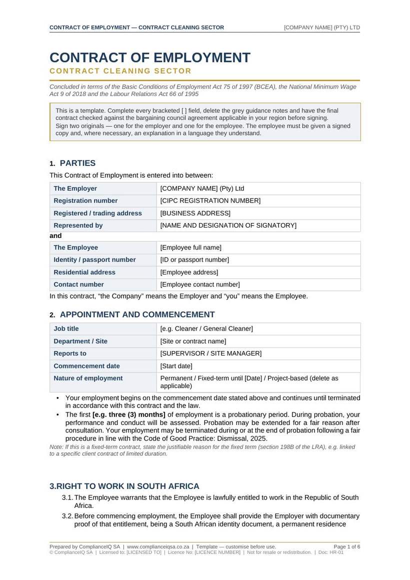 Employment contract page from the ComplianceIQ SA cleaning sector document pack
