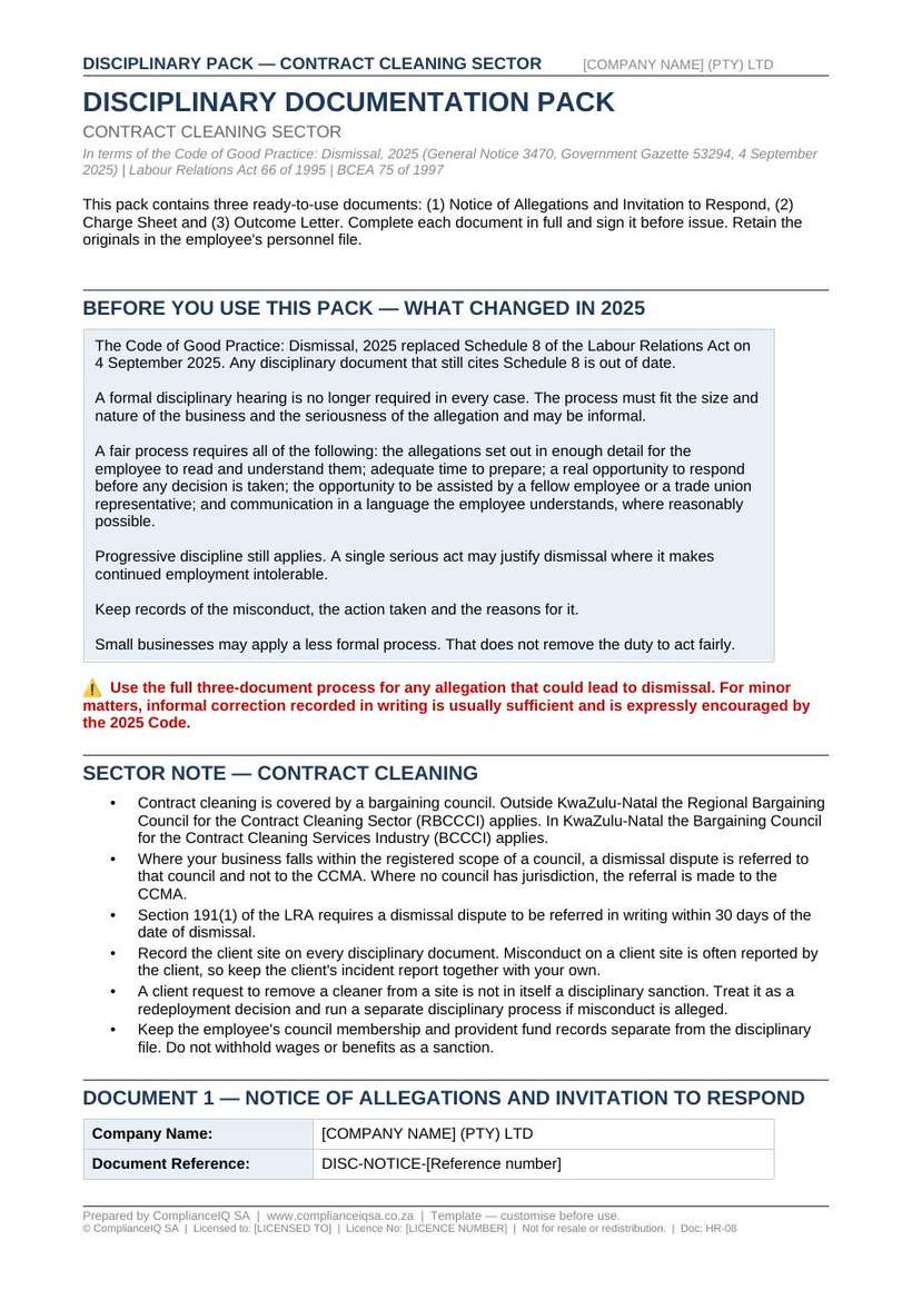 Disciplinary documentation pack built on the Code of Good Practice: Dismissal, 2025