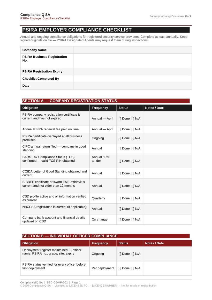 PSIRA employer compliance checklist from the ComplianceIQ SA security document pack