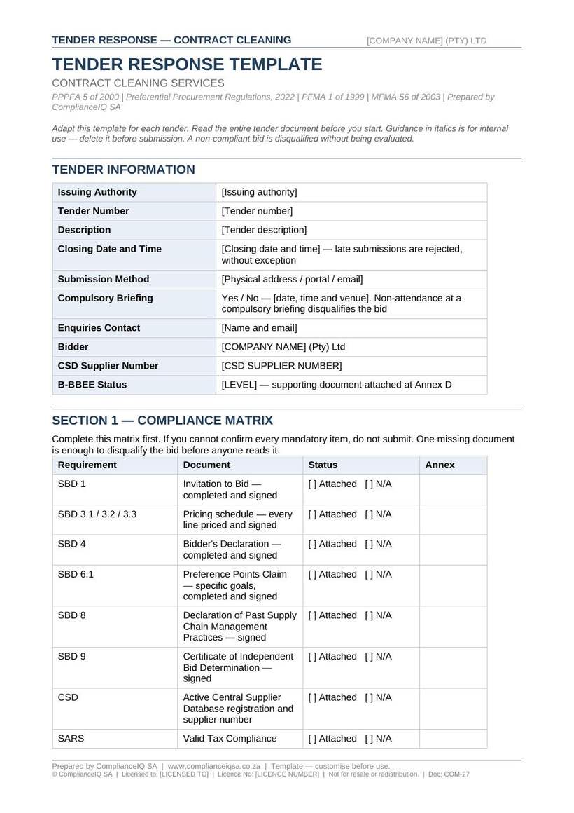 Tender response template showing the SBD compliance matrix of returnables, from a ComplianceIQ SA Premium document pack