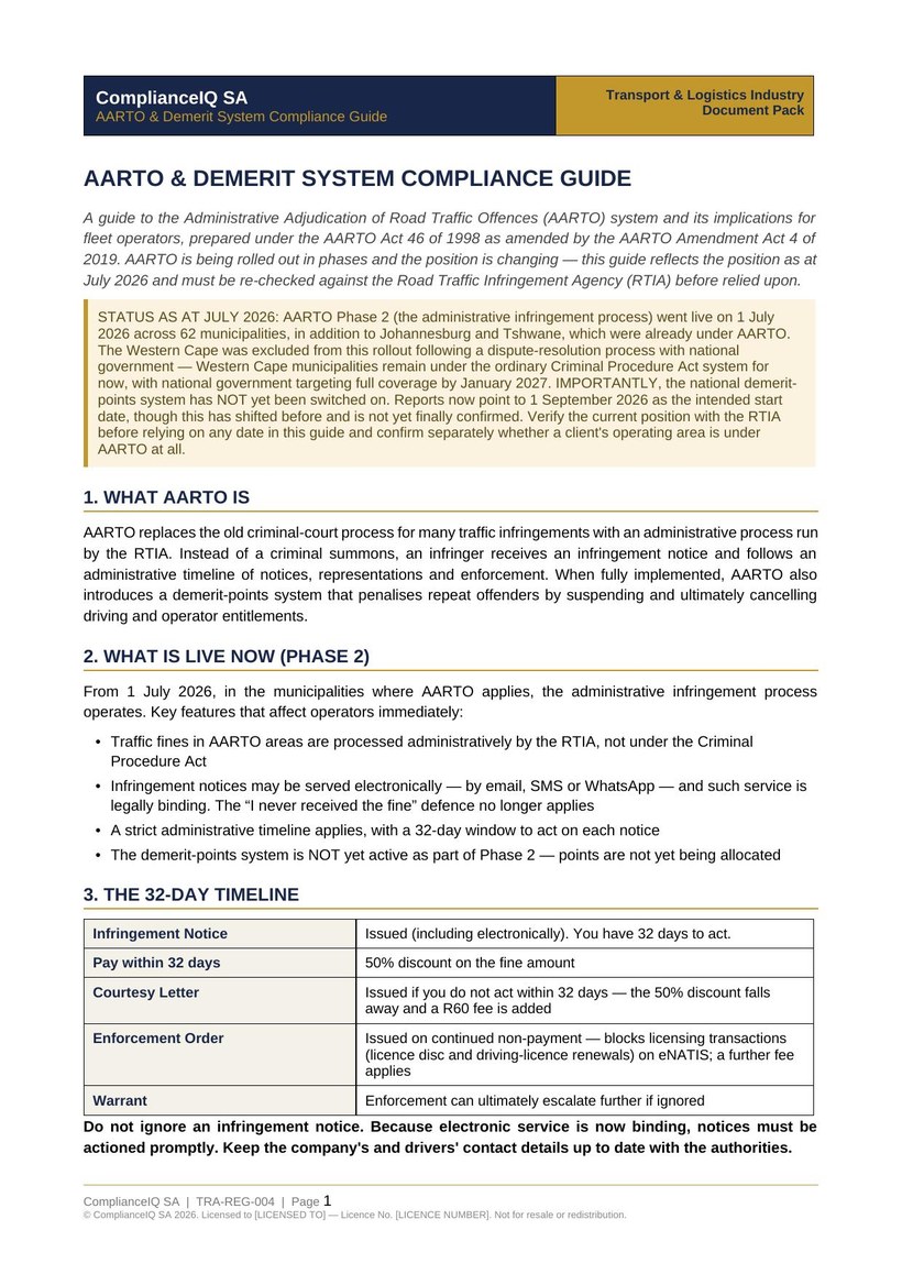 AARTO and demerit system compliance guide from the ComplianceIQ SA transport and logistics document pack