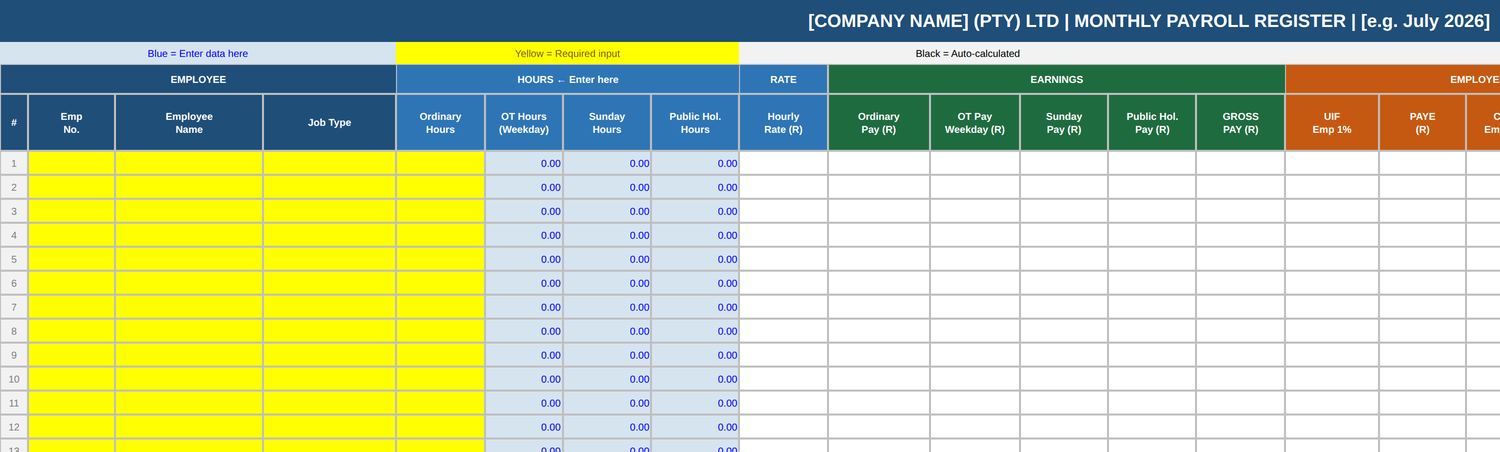 Auto-calculating payroll register showing separate Sunday and public holiday pay columns, UIF, PAYE, CCNPF and council levy